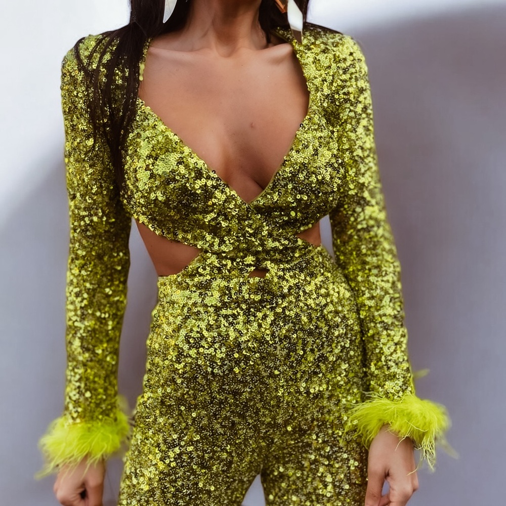 Green Disco Queen Festival Jumpsuit, Studio 54 Jumpsuit, Flared Leg Jumpsuit - Picture 6 of 10